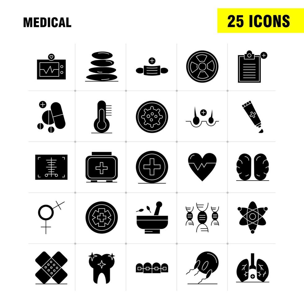 los iconos de glifo sólido médico establecidos para el kit de uxui móvil de infografía y el diseño de impresión incluyen el escáner médico del hospital estadística spa de piedra máscara de salud eps 10 vector