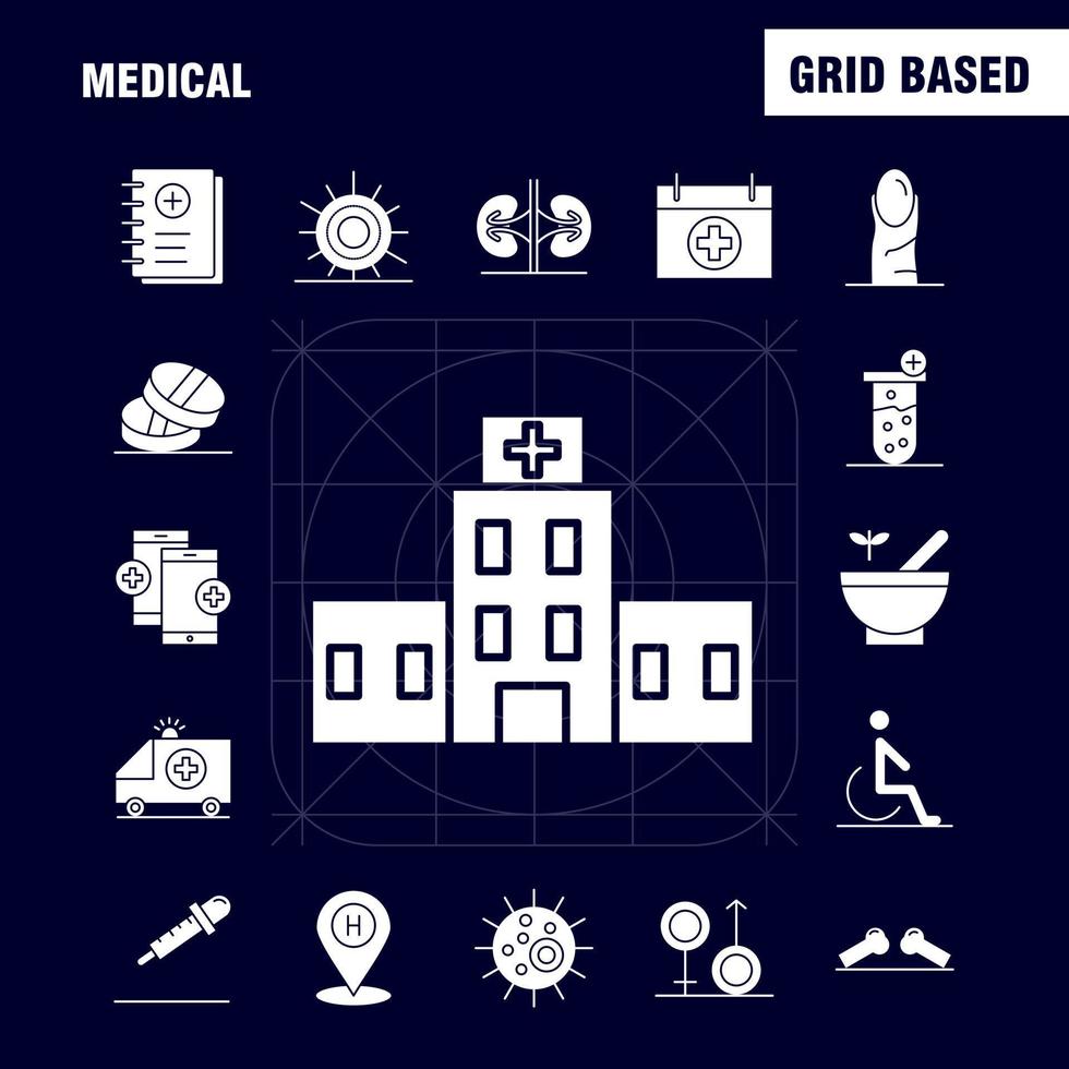 iconos de glifos sólidos médicos establecidos para infografías kit de uxui móvil y diseño de impresión incluyen vendaje yeso atención médica termómetro colección de temperatura de calor logotipo infográfico moderno y pi vector