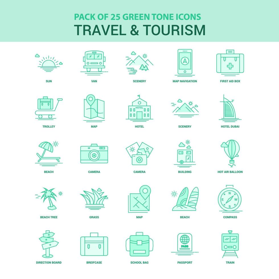 25 conjunto de iconos de viajes y turismo verde vector