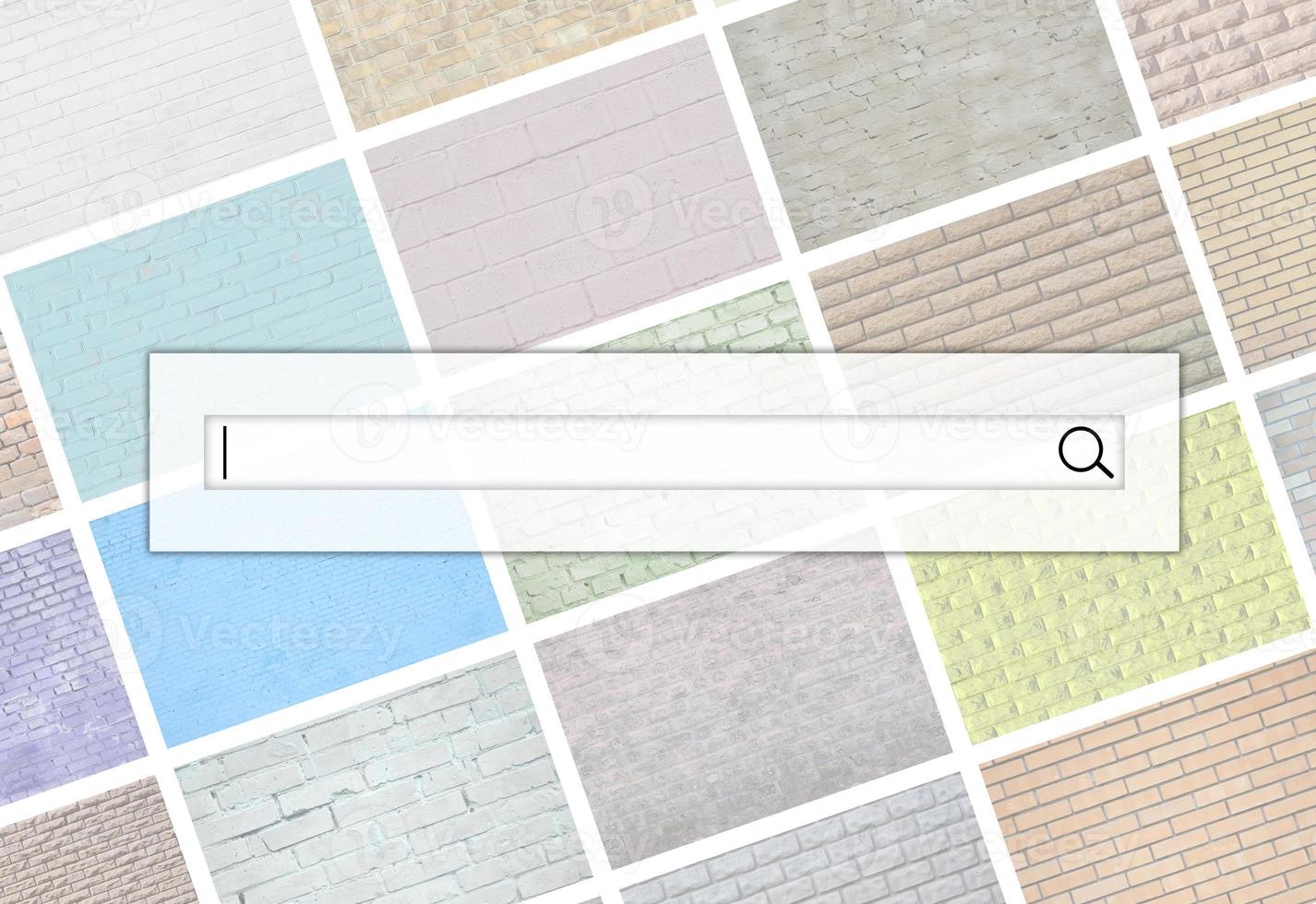 Visualization of the search bar on the background of a collage of many pictures with fragments of brick walls of different colors close-up. Set of images with varieties of brickwork photo