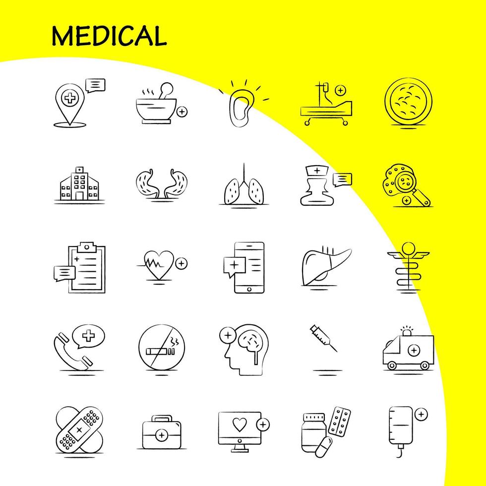 iconos médicos dibujados a mano establecidos para infografías kit uxui móvil y diseño de impresión incluyen portapapeles tablero de tiempo reloj tableta medicina médica colección de cápsulas logotipo infográfico moderno y pi vector