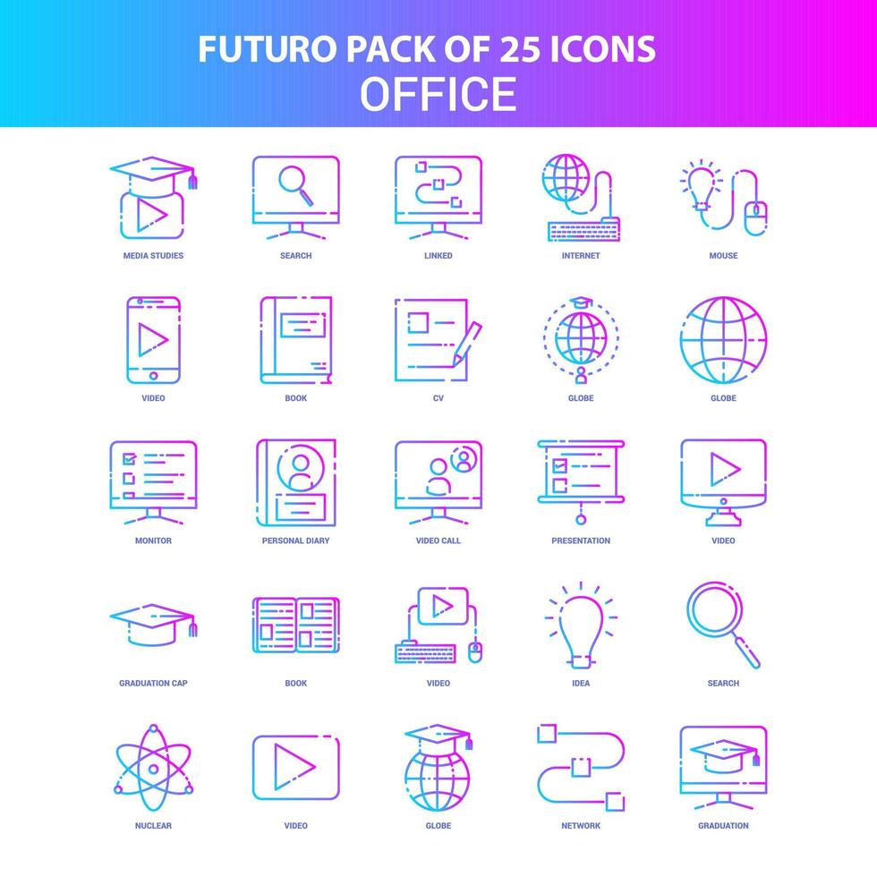 25 paquete de iconos de oficina futuro azul y rosa vector