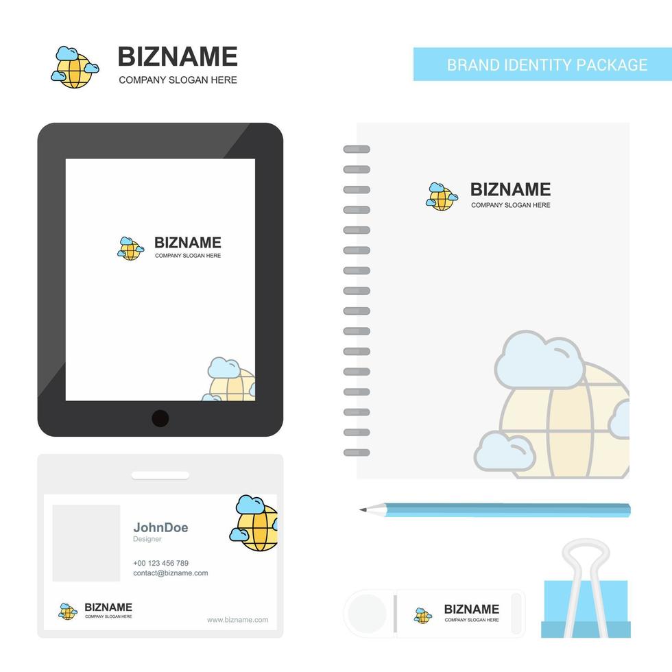 Globe Business Logo Tab App Diary PVC Employee Card and USB Brand Stationary Package Design Vector Template