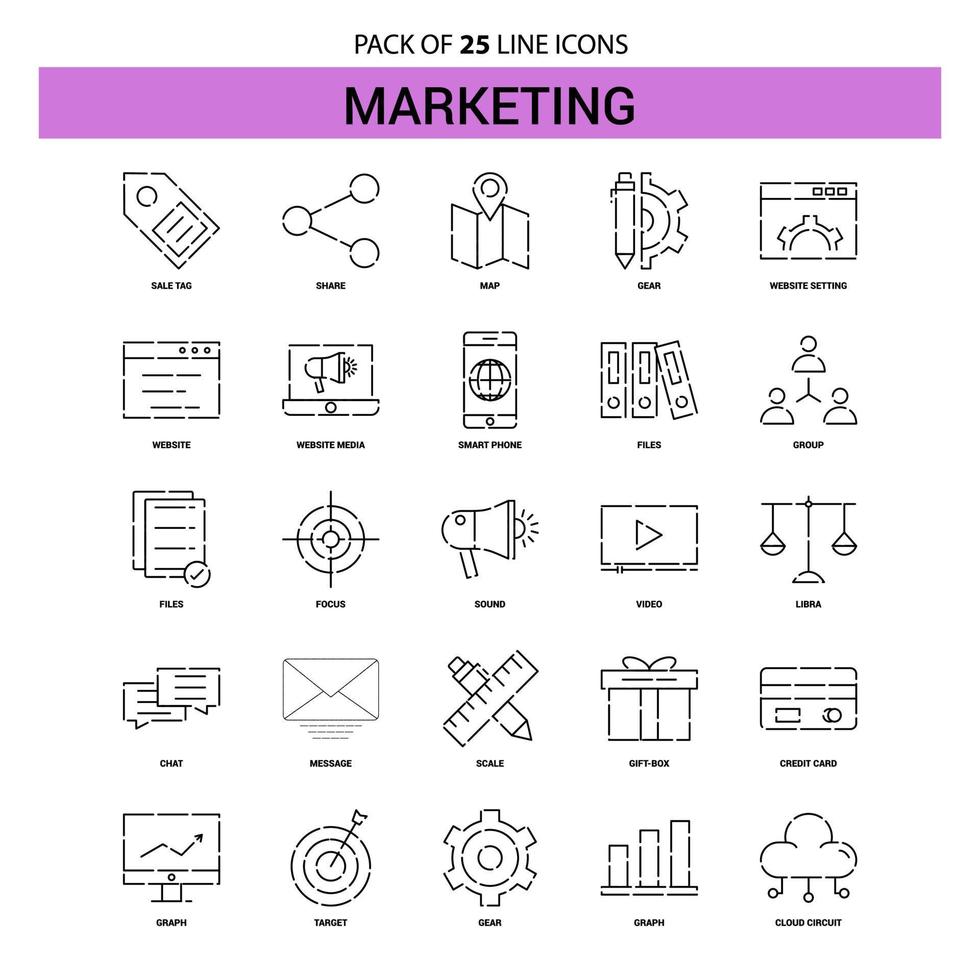 conjunto de iconos de línea de marketing 25 estilo de contorno discontinuo vector