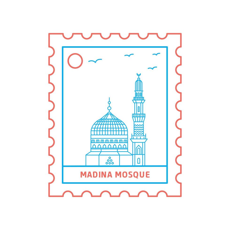 MADINA MOSQUE postage stamp Blue and red Line Style vector illustration