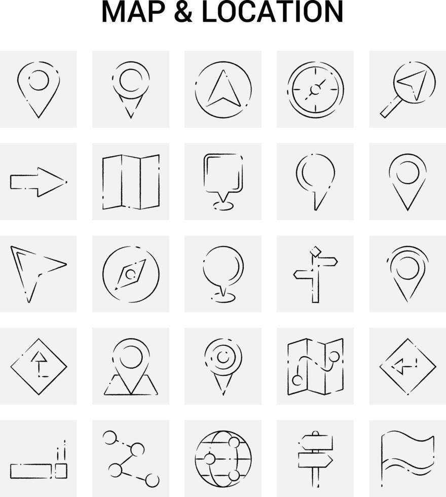 25 Hand Drawn Map and Location icon set Gray Background Vector Doodle