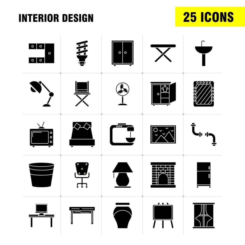 Interior Design Solid Glyph Icons Set For Infographics Mobile UXUI Kit And Print Design Include Iron Electronics Home Appliances Electronics Items Bath Tub Eps 10 Vector