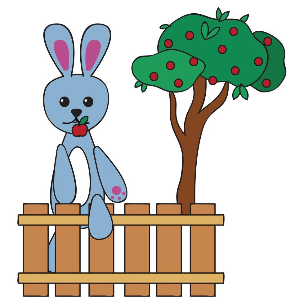 Bunny with an apple in his teeth climbs over the fence. Cute childish illustration in cartoon style isolated on white background. vector