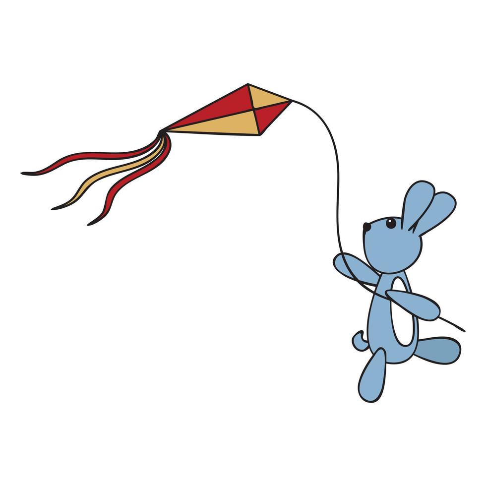 A cute little rabbit is flying a kite. Cartoon style. Vector illustration isolated on white background.