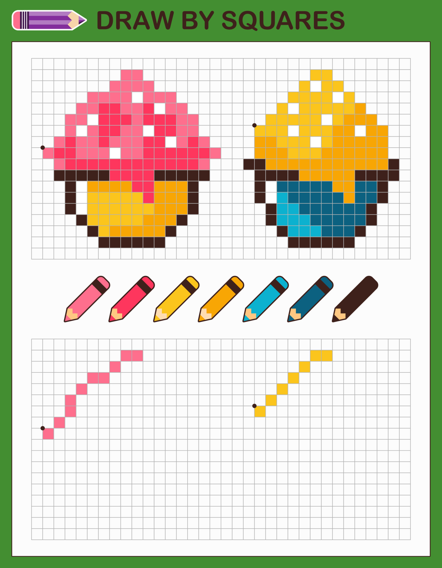 Copy the picture, draw by squares. Game for children draw desserts by cells with color palette