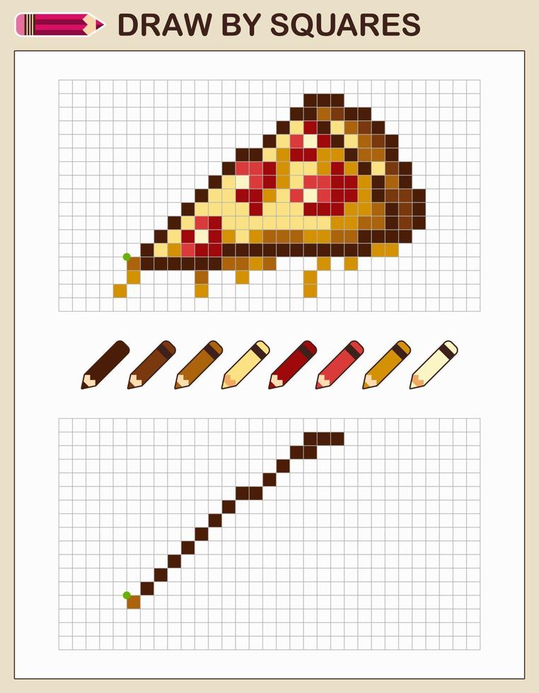  copia la imagen, dibuja por cuadrados. juego para niños dibujar pizza por celdas con paleta de colores. arte de pixel. Entrenamiento de habilidades de dibujo y lógica.   Vector en Vecteezy