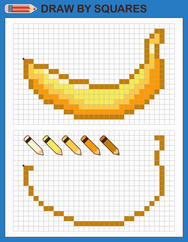 Copy the picture, draw by squares. Game for children draw banana by cells with color palette. Pixel art. Drawing and logic skills training. vector