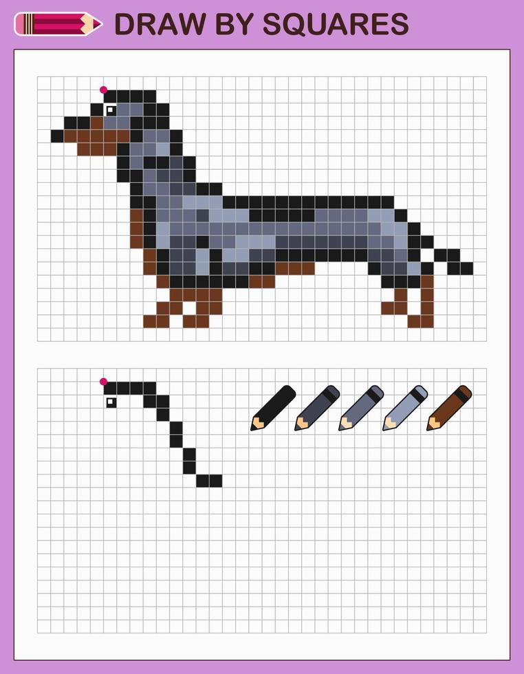 Copy the picture, draw by squares. Game for children draw dachshund by cells with color palette. Pixel art. Drawing and logic skills training. vector