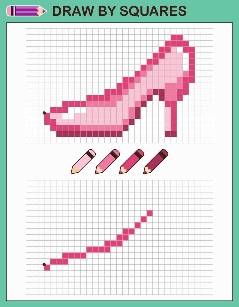 Copy the picture, draw by squares. Game for children draw shoe by cells with color palette. Pixel art. Drawing and logic skills training. vector