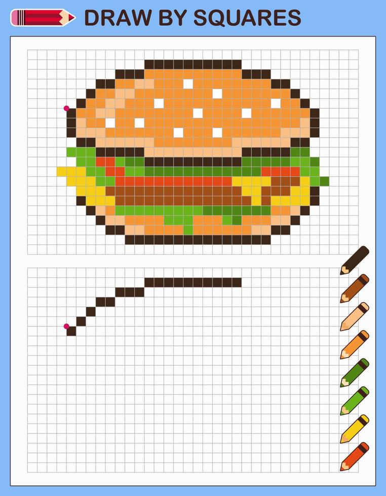 copia la imagen, dibuja por cuadrados. juego para niños dibujar hamburguesas por celdas con paleta de colores. arte de pixel. Entrenamiento de habilidades de dibujo y lógica. vector