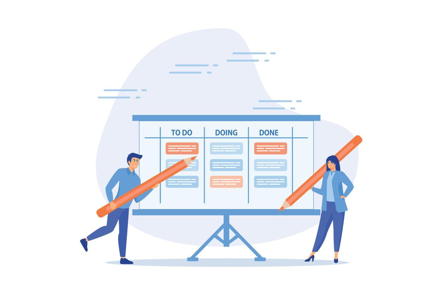 revisar el progreso del trabajo en el tablero kanban, la lista de tareas pendientes, la tarea en curso y la finalizada, la gestión de proyectos o la planificación del concepto de producción, la ilustración moderna vectorial plana vector