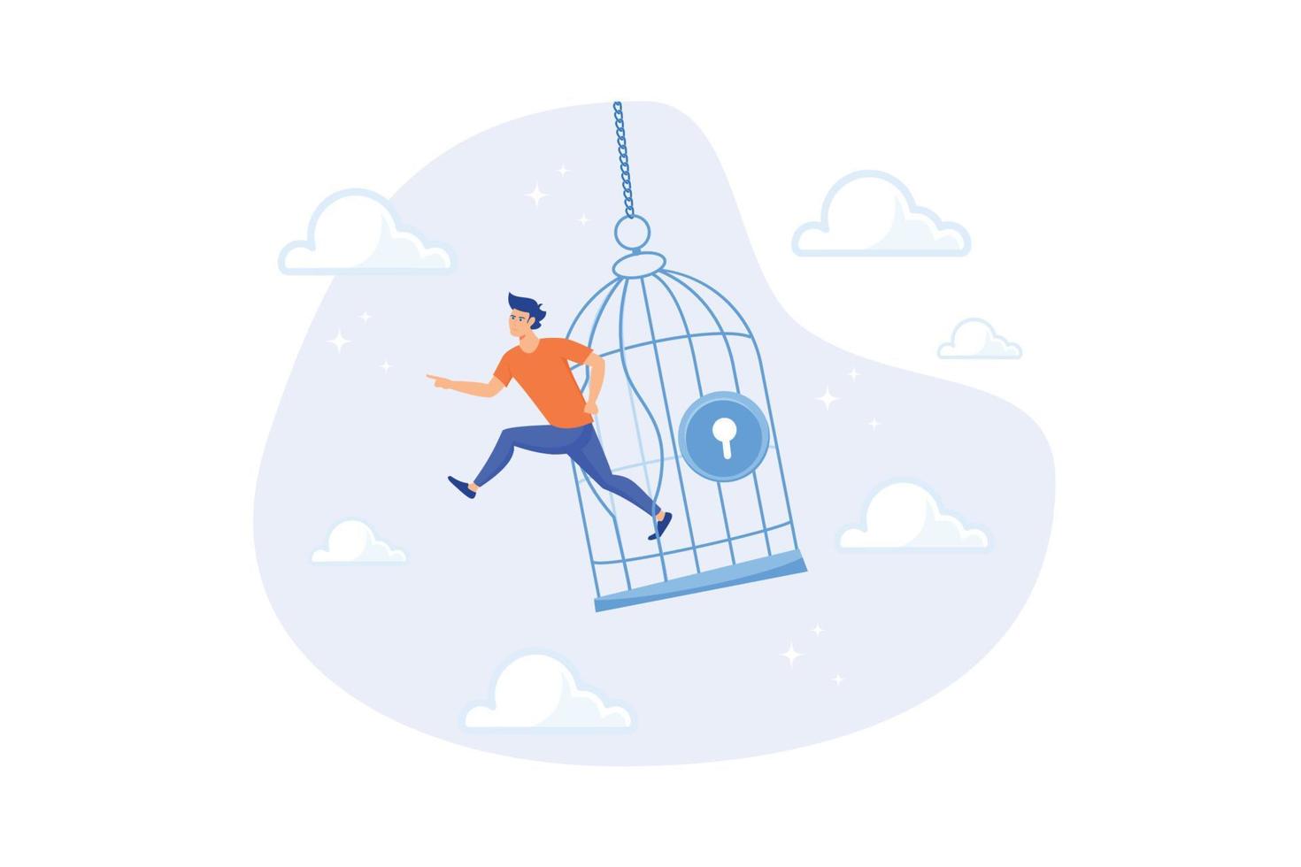 Courage to escape for freedom, get out of comfort zone to find new job, open mind or fly away for better life, hope and liberty concept, flat vector modern illustration