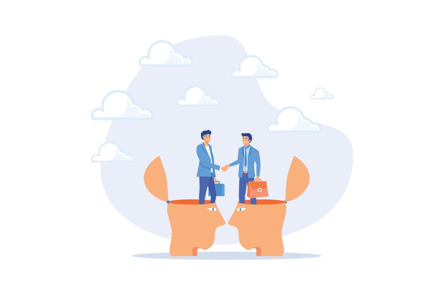 Negotiation skill for leadership, partner agreement or collaboration meeting, psychology to deal with people or collaboration for success concept, flat vector modern illustration