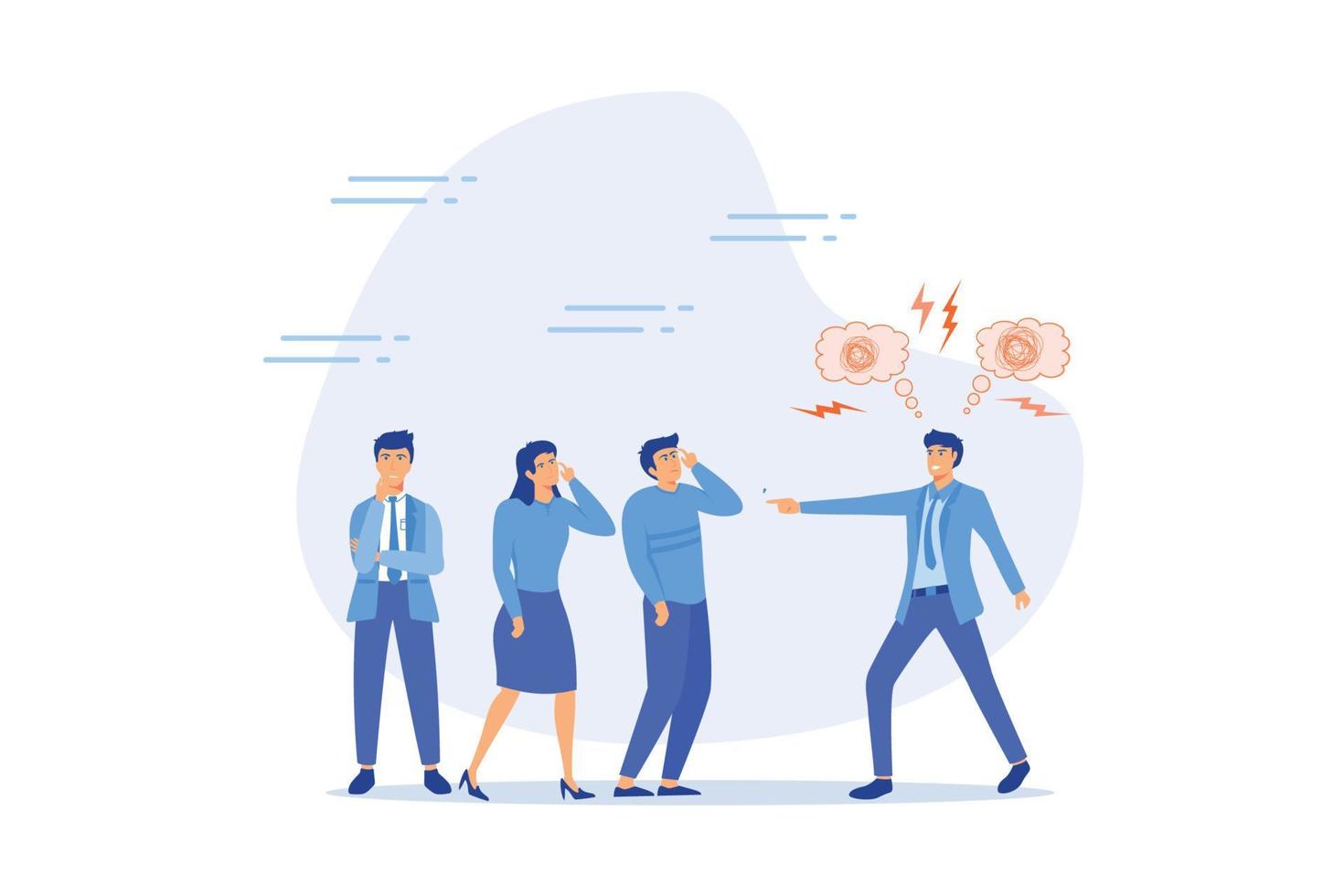 Deal with difficult people, bossy manager or trouble employee, tough or complicated colleague, confusion or conflict concept, flat vector modern illustration