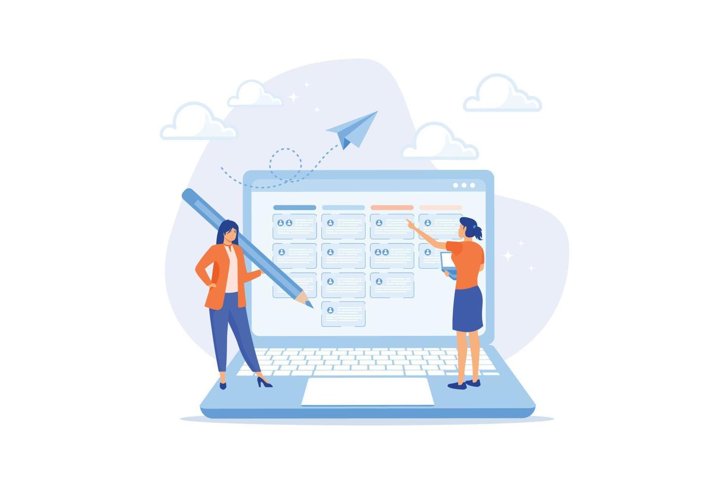 Task management software to organize project tasks, assign staff to finish work on schedule, project plan or efficiency work concept, flat vector modern illustration