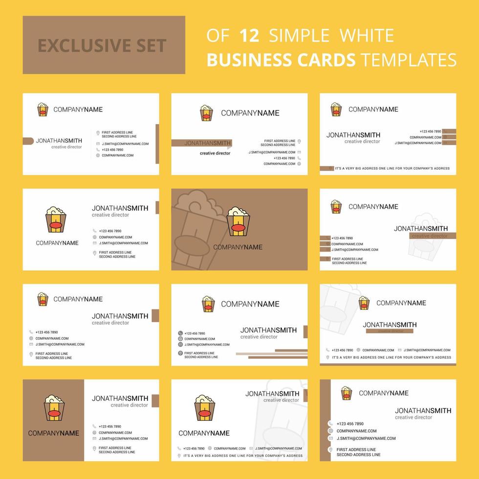 conjunto de 12 plantillas de tarjetas de negocios creativas de palomitas de maíz logotipo creativo editable y fondo de tarjeta de visita vector