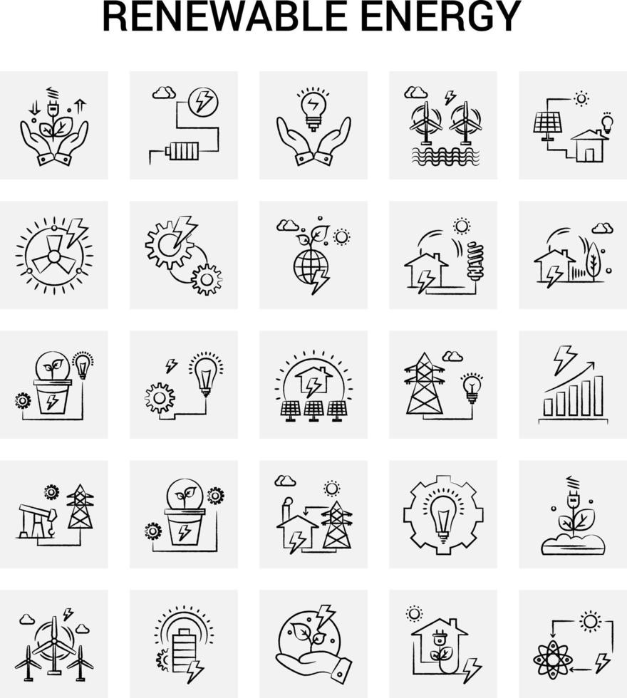 25 Hand Drawn Renewable Energy icon set Gray Background Vector Doodle