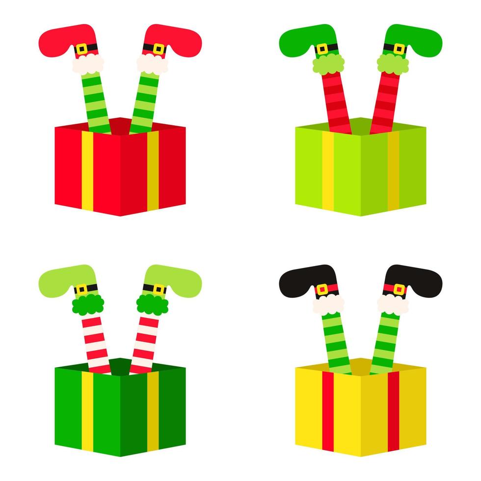 Set of Elf feet with gift box in flat style isolated vector