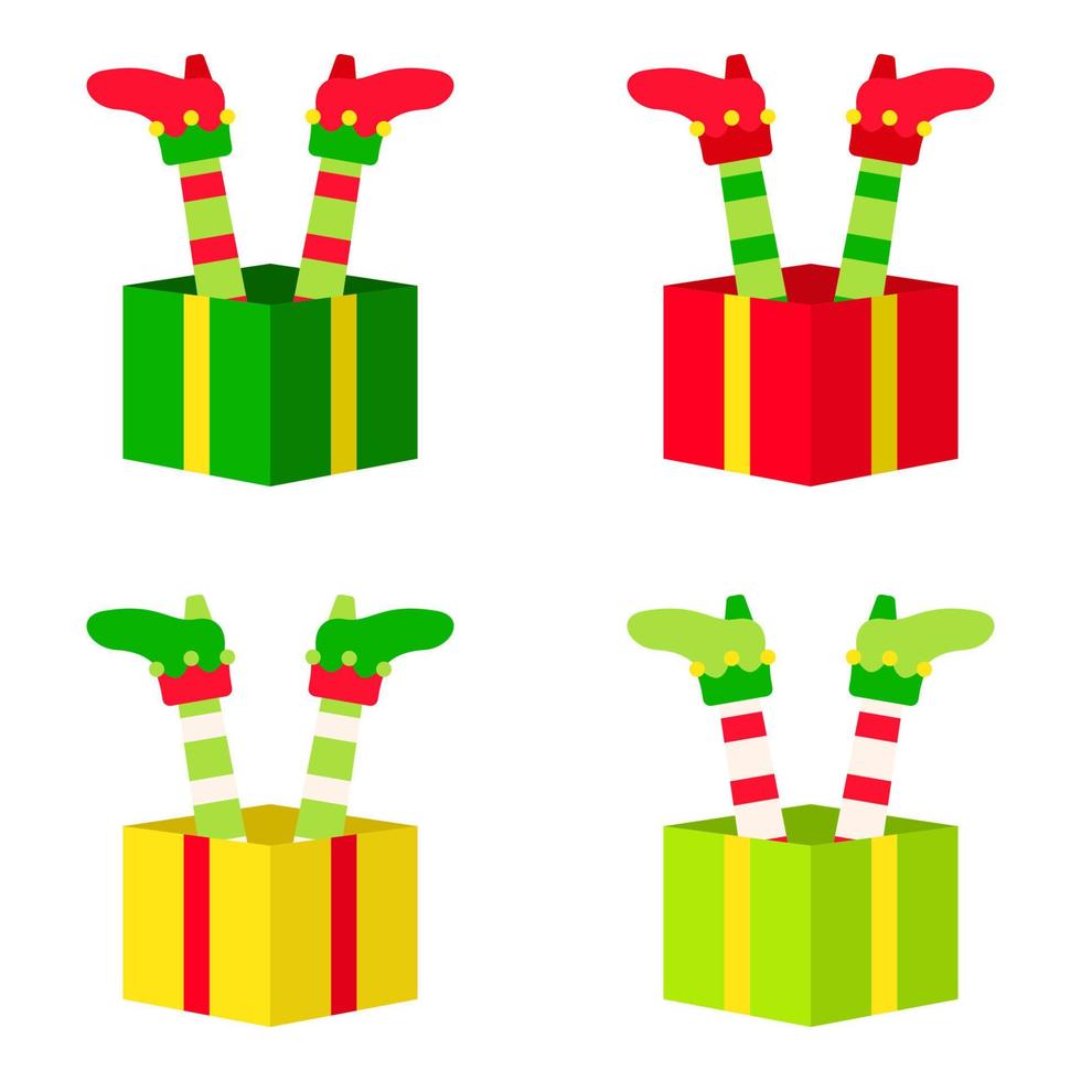 Set of Elf feet with gift box in flat style isolated vector