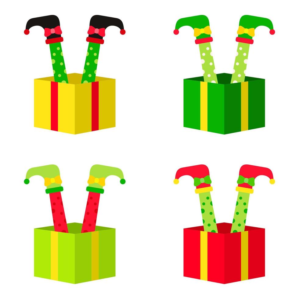 Set of Elf feet with gift box in flat style isolated vector