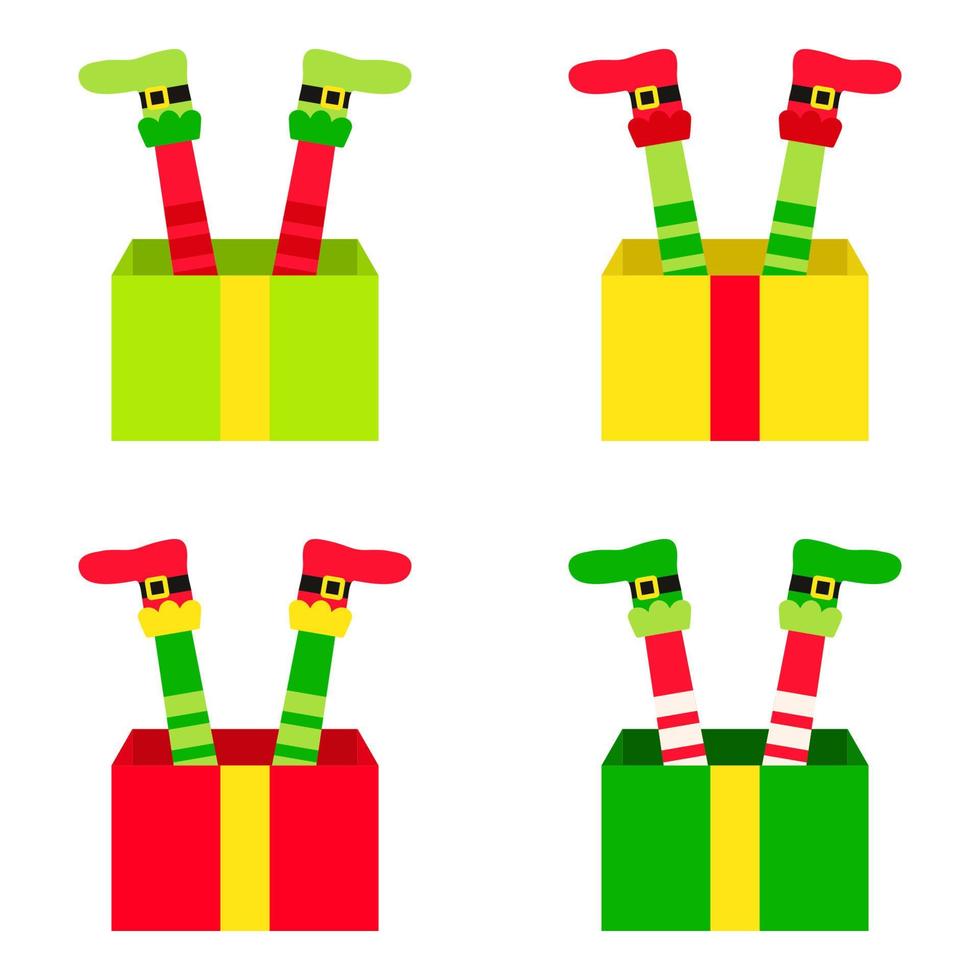 Set of Elf feet with gift box in flat style isolated vector