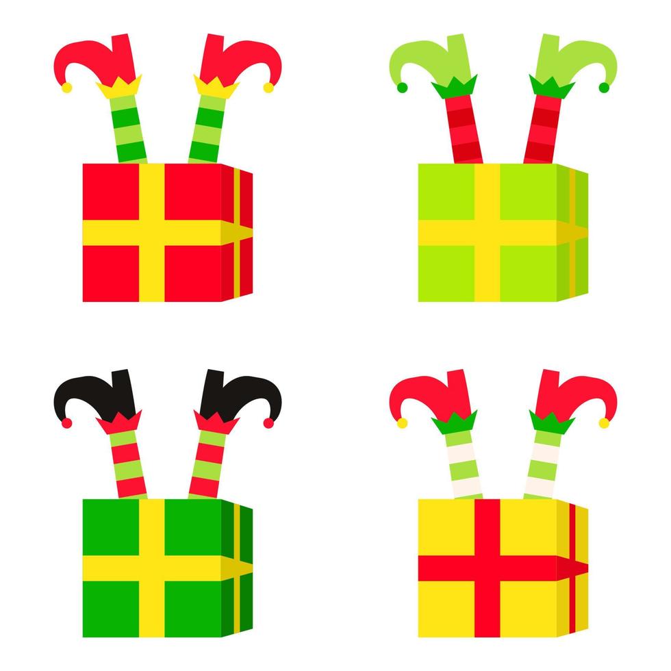 Set of Elf feet with gift box in flat style isolated vector