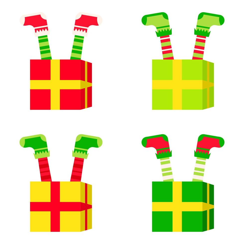 Set of Elf feet with gift box in flat style isolated vector