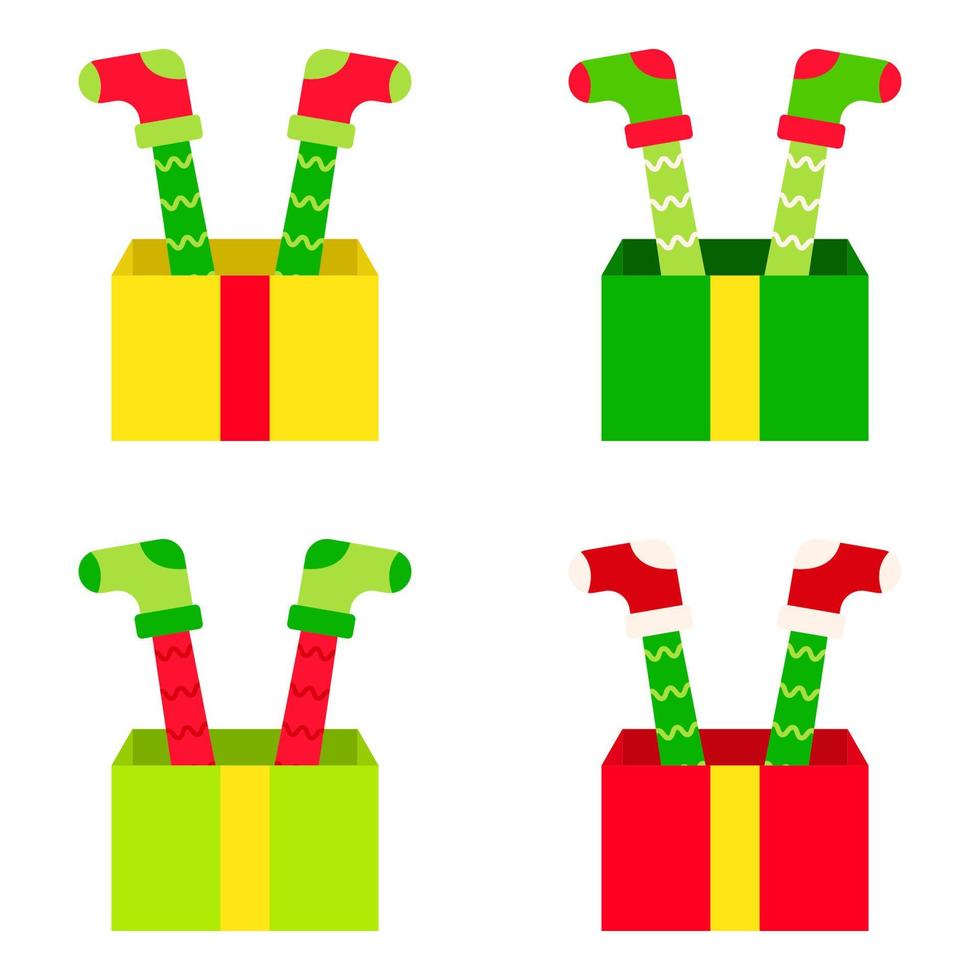 Set of Elf feet with gift box in flat style isolated vector