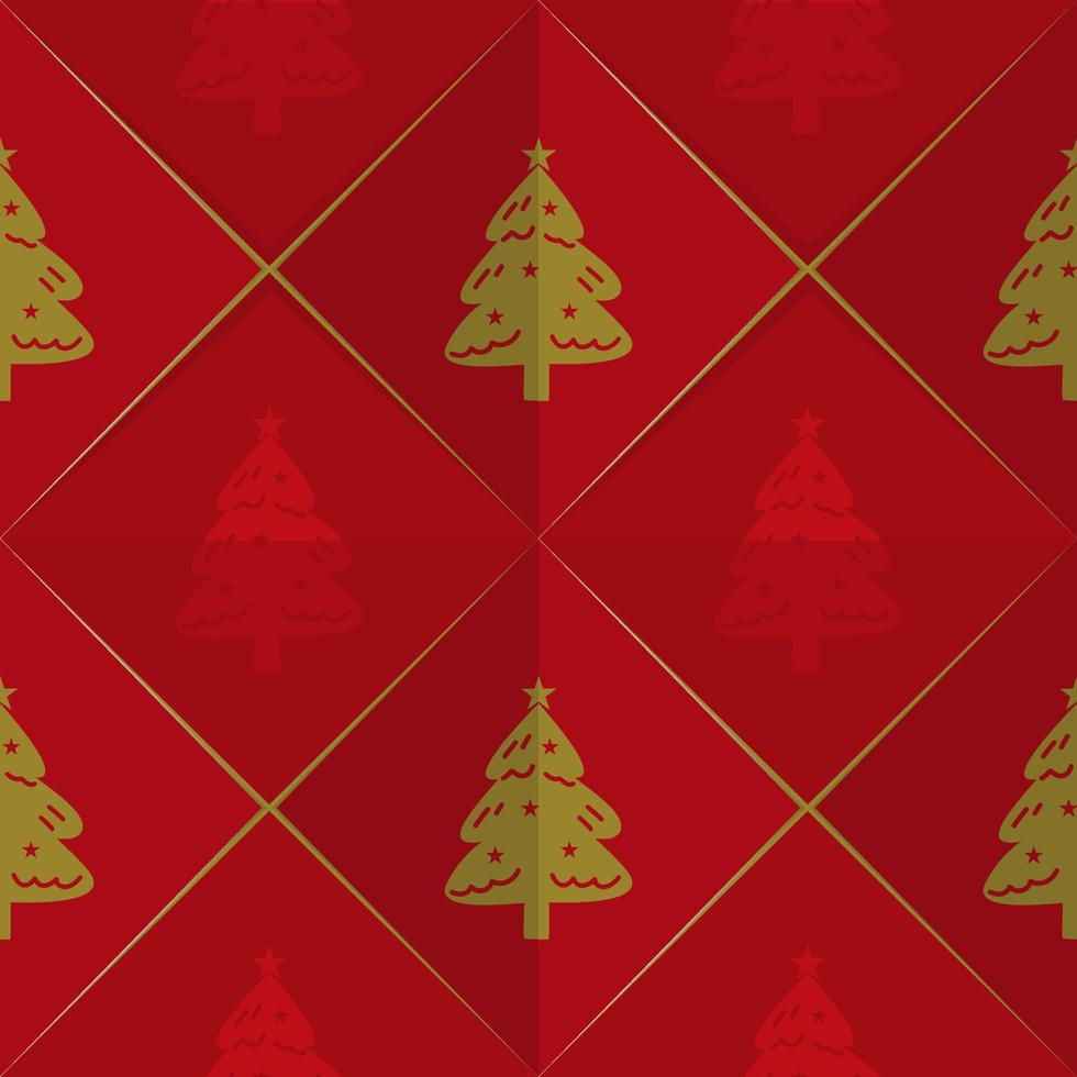 Chirstmas seamless pattern, gold christmas fir on red. vector