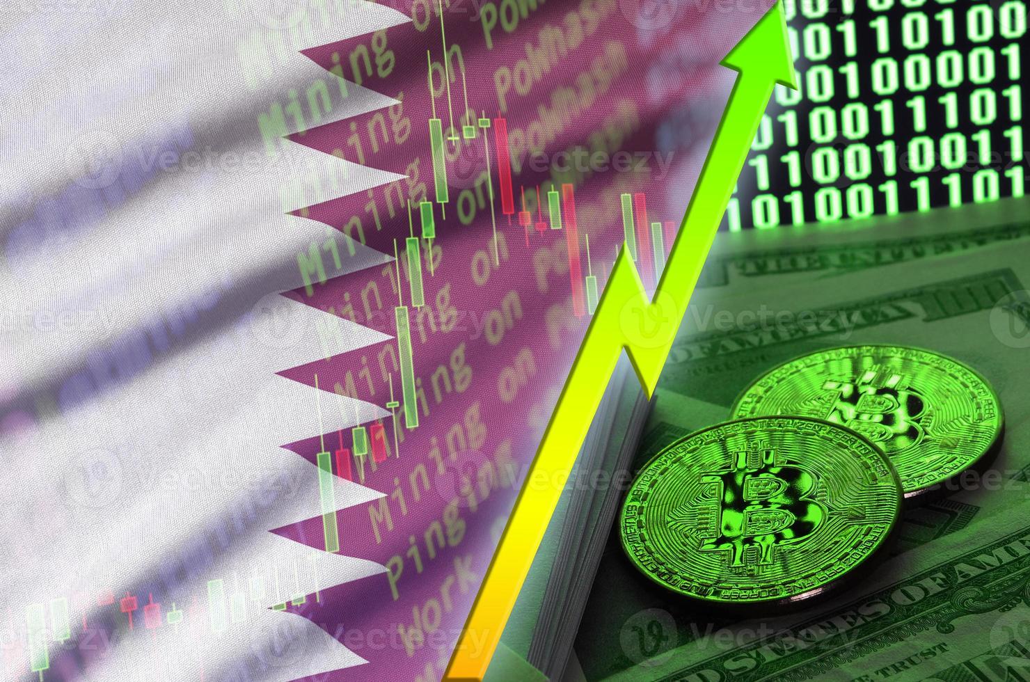 Qatar flag and cryptocurrency growing trend with two bitcoins on dollar bills and binary code display photo