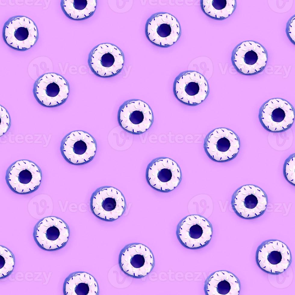 Many small plastic donuts lies on a pastel colorful background. Flat lay minimal pattern. Top view photo