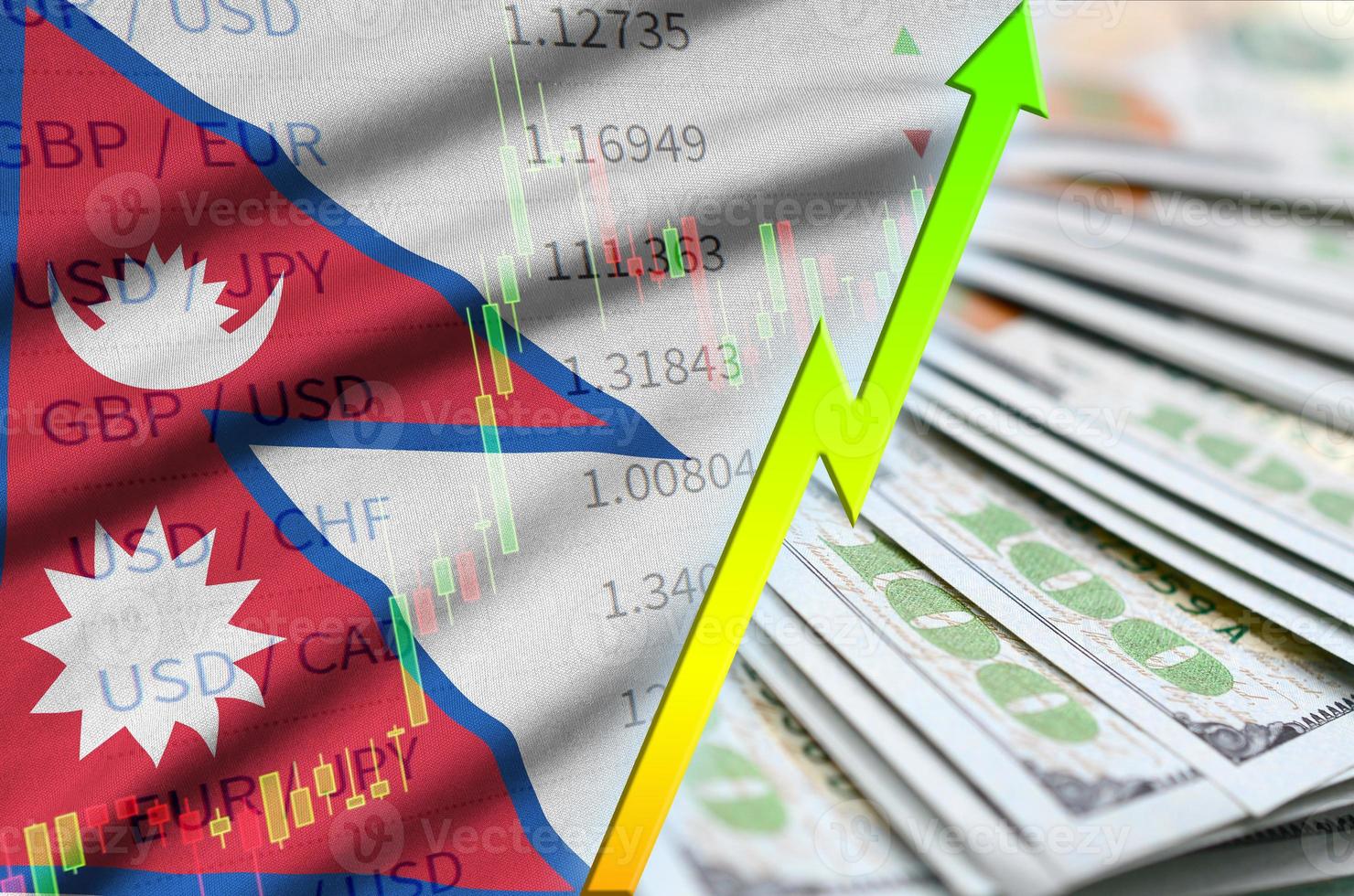 Nepal flag and chart growing US dollar position with a fan of dollar