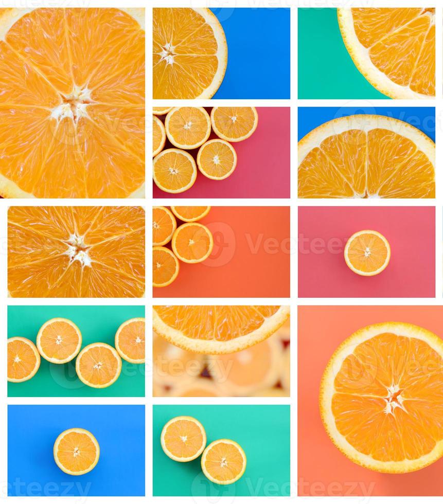 A collage of many pictures with juicy oranges. Set of images with fruits on backgrounds of different colors photo