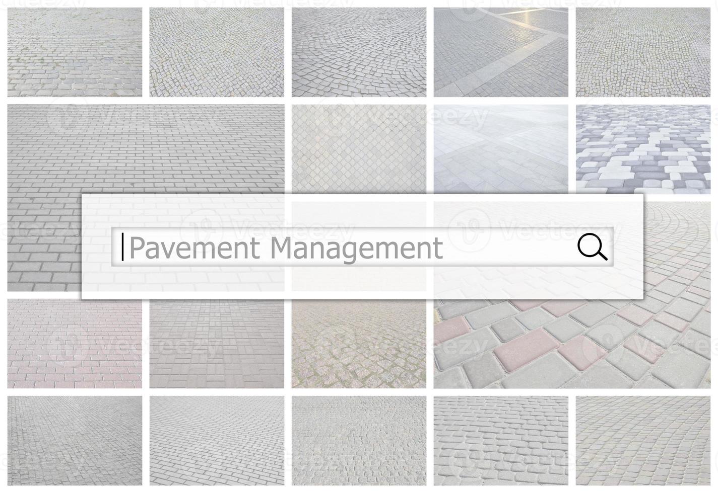 Visualization of the search bar on the background of a collage of many pictures with fragments of paving tiles close up. Pavement management photo