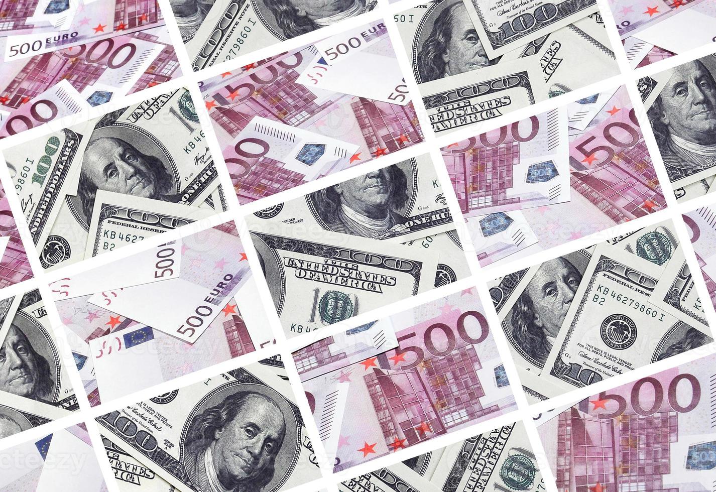 un collage de muchas imágenes de billetes en euros en denominaciones de 100 y 500 euros tirados en el montón foto