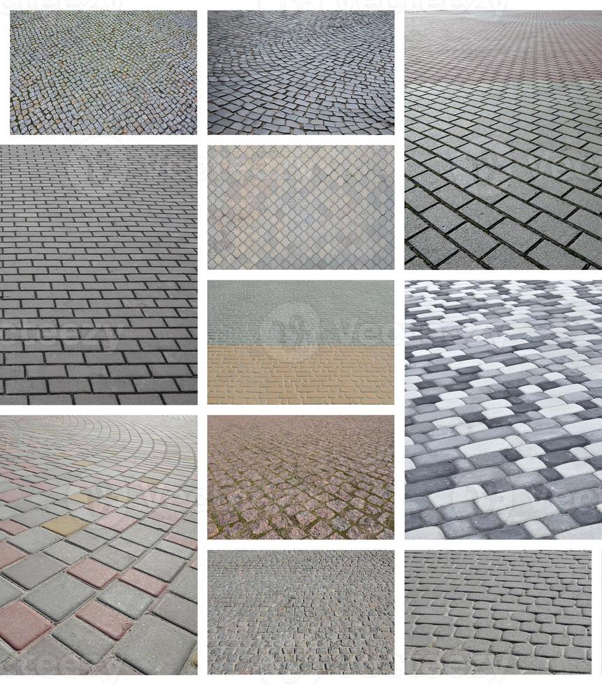 A collage of many pictures with fragments of paving tiles close-up. Set of images with pavement stone photo