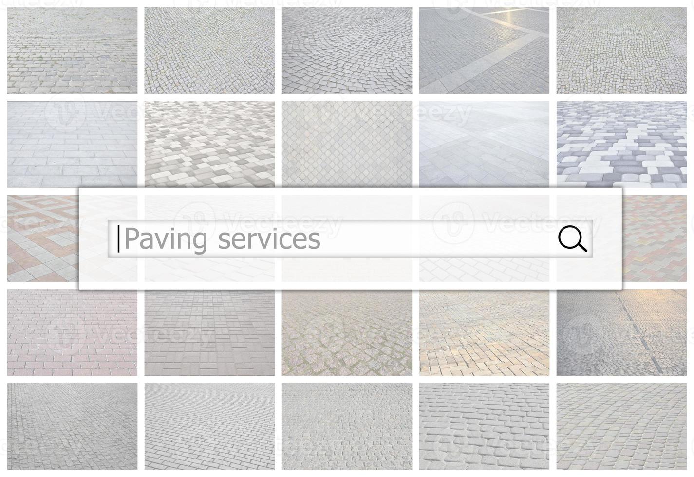 Visualization of the search bar on the background of a collage of many pictures with fragments of paving tiles close up. Paving services photo