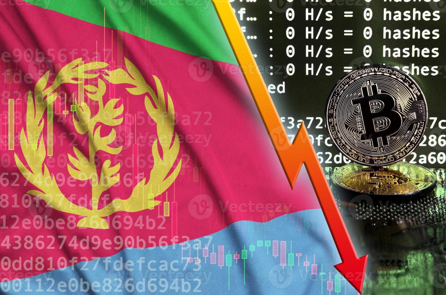 Eritrea flag and falling red arrow on bitcoin mining screen and two physical golden bitcoins photo