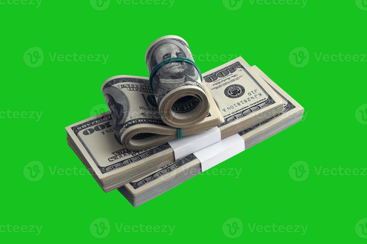 Bundle of US dollar bills isolated on chroma keyer green. Pack of american money with high resolution on perfect green mask photo