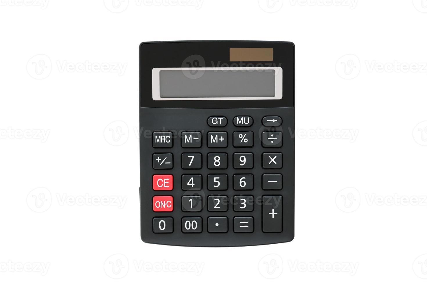 Big black rectangular calculator with solar panel and two red buttons isolated on white photo