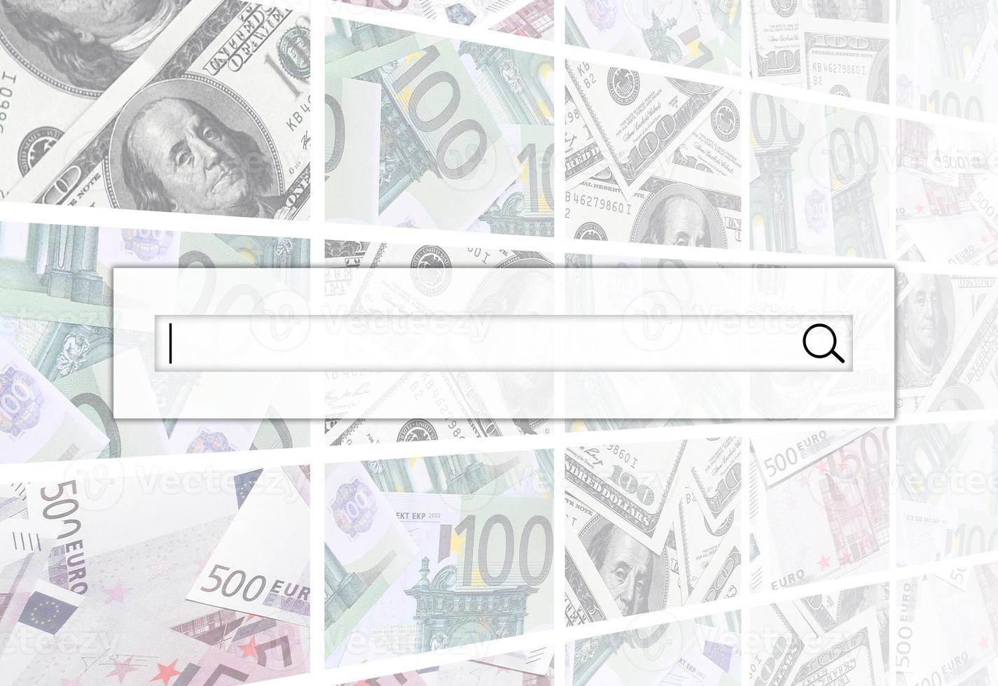 The search string is located on top of collage of many images of euro banknotes in denominations of 100 and 500 euros lying in the heap photo