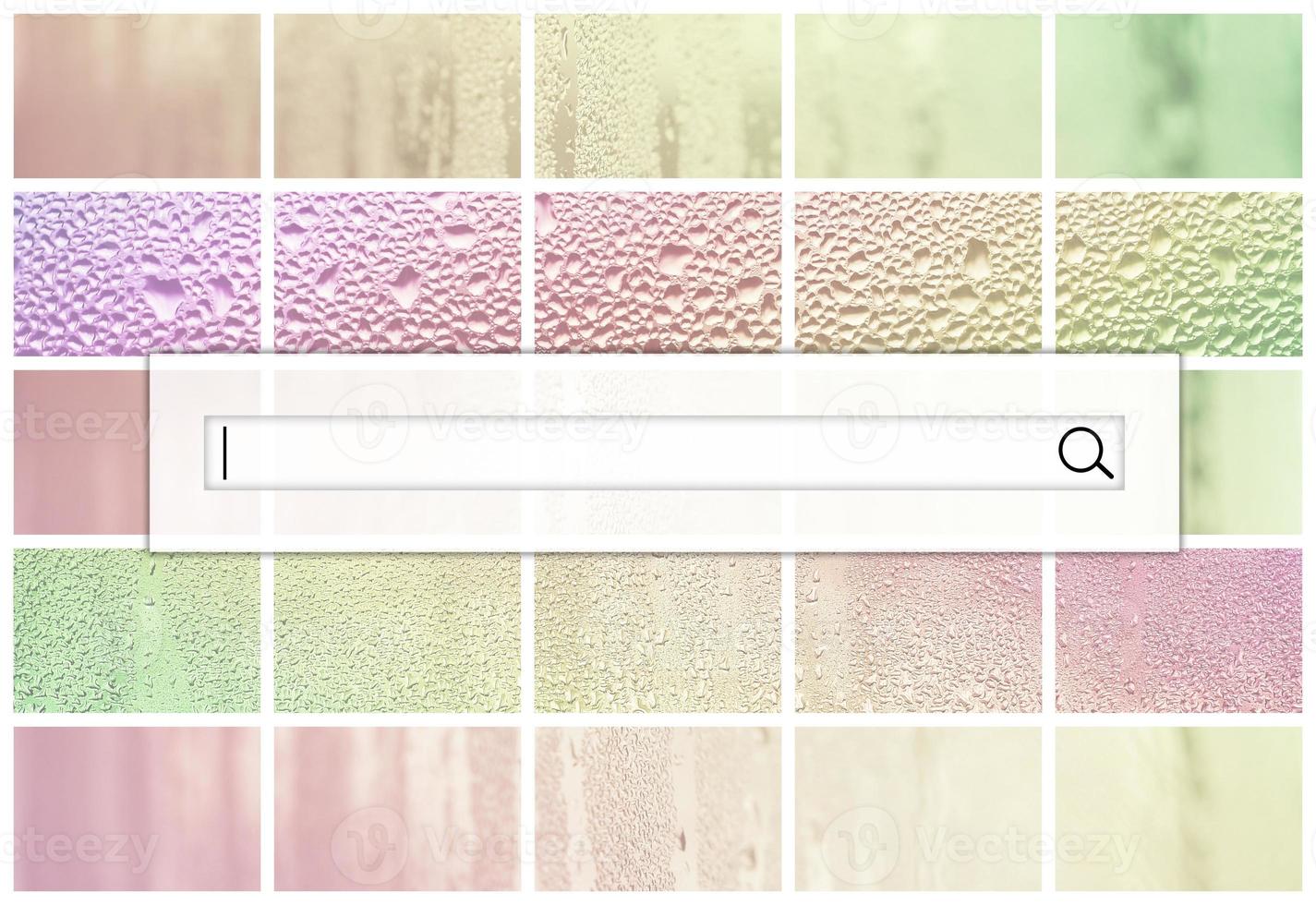 The search field is located on top of collage of many different fragments of glass, decorated with rain drops from the condensate. Rainbow colors photo