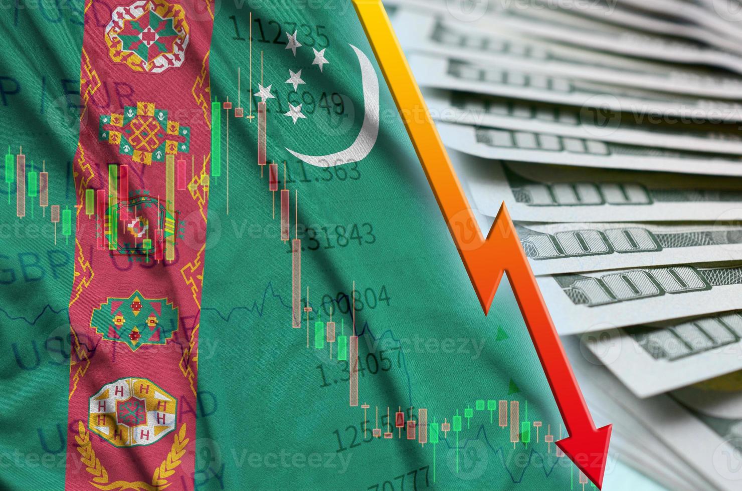 Turkmenistan flag and chart falling US dollar position with a fan of dollar bills photo