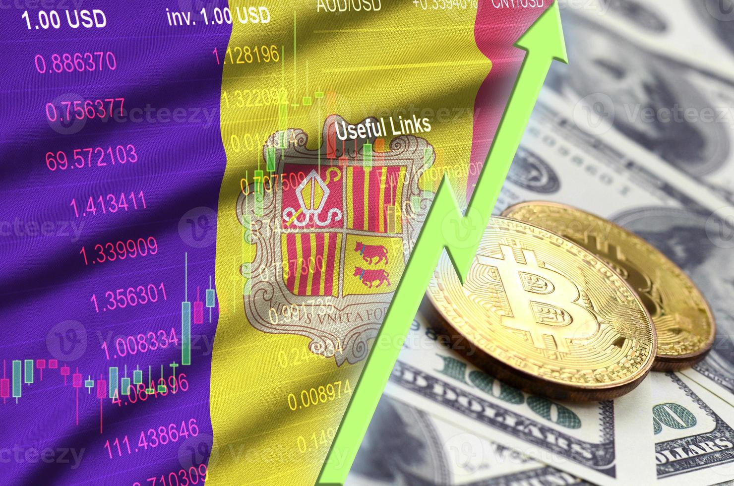 Andorra flag and cryptocurrency growing trend with two bitcoins on dollar bills photo