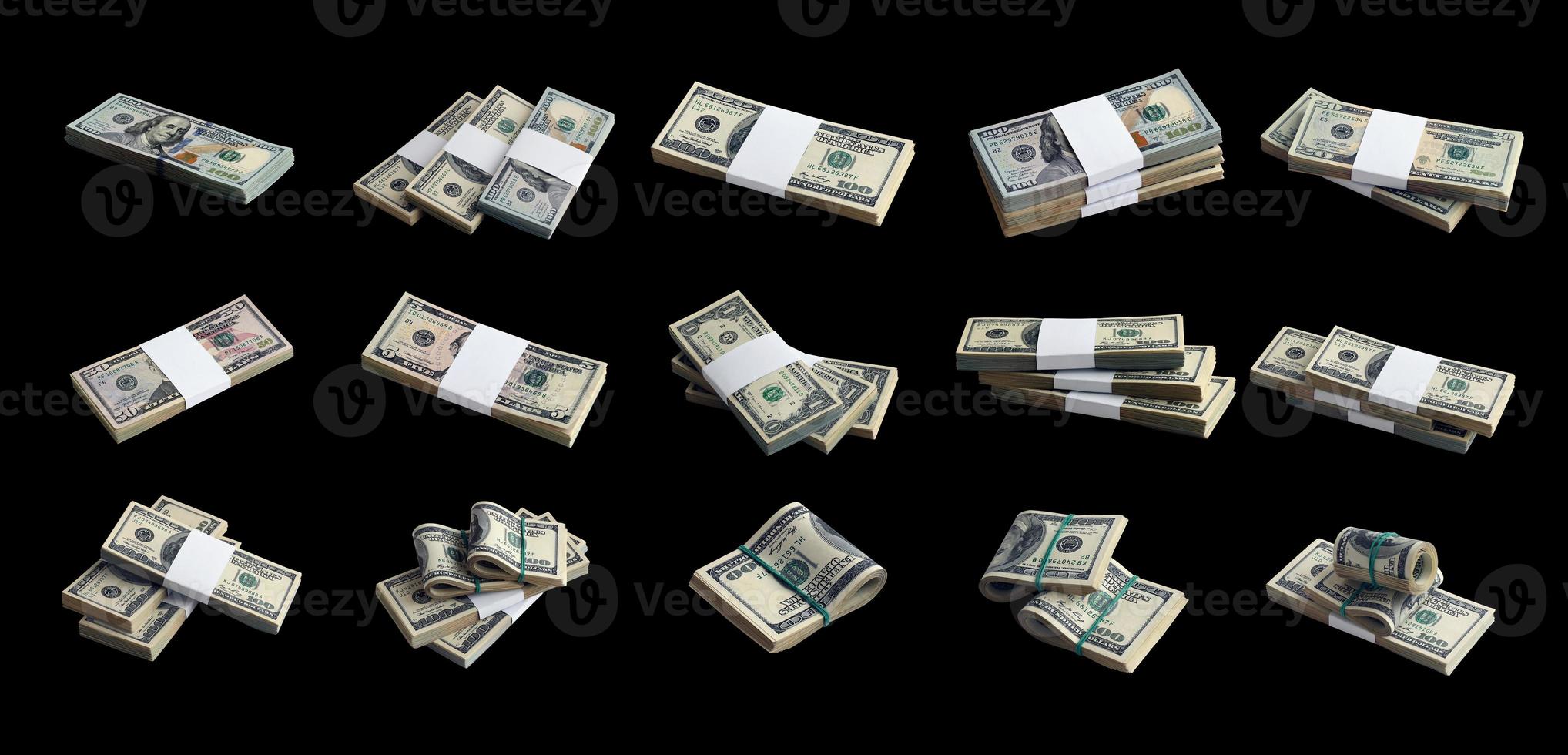 Big set of bundles of US dollar bills isolated on white. Collage with many packs of american money with high resolution on perfect white background photo